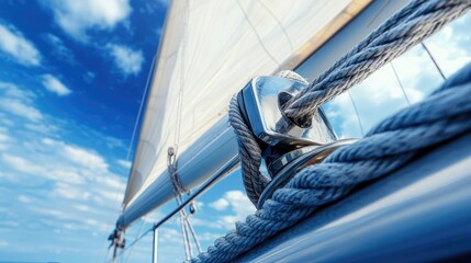 Fototapeta premium Side view of a yacht winch in use, rope pulling tightly as the sails adjust, blue sky overhead