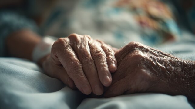 senior caring loving marriage holding hands in hospital  no logos no brands ar 169