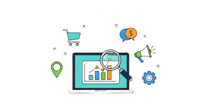 Laptop with bar graph and magnifying glass surrounded by marketing icons