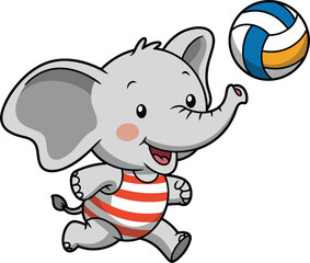 Cartoon elephant playing volleyball in striped tank top, cheerful animal illustration, whimsical sports theme, playful character design, vector art
