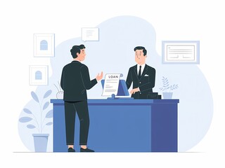 Flat illustration of a person at bank counter discussing loan with banker and documents on desk, modern minimal design for finance and banking concept