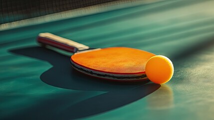 Table tennis paddle with red rubber surface holding an orange ball, lying diagonally on a green table under bright lighting
