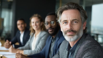 Fototapeta premium male mature caucasian ceo businessman leader with diverse coworkers team executive managers group at meeting multicultural professional businesspeople working together on research plan in boardroom n