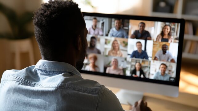 business man having virtual team meeting on video conference call using computer social distance worker working from home office talking to diverse colleagues in remote videoconference online chat no