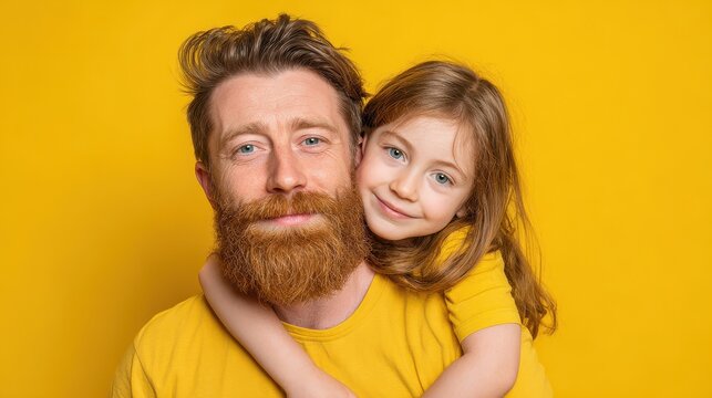 isolated shot of happy father with ginger beard yellow t shirt carries small daughter recieves hug with love spend free time together in family circle express positive emotions parents children no lo