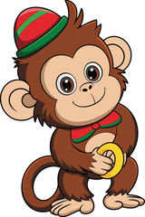 Cartoon monkey character with striped hat and bow tie, holding yellow ring, playful animal mascot for kids and education