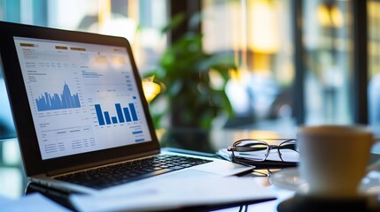 Laptop displaying financial data in a cafe