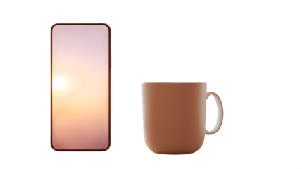 Morning Routine with Phone and Coffee, isolated on transparent background