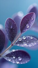 Fototapeta premium Purple leaves with晶莹的 dew drops glisten softly against a light blue background, showcasing nature's delicate beauty in macro view.