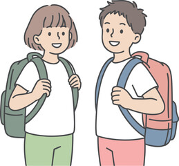 Cartoon of two smiling children with backpacks, ready for school, friendly morning mood, colorful outfits, student lifestyle concept