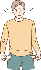 Fototapeta premium Cartoon person showing empty pockets, financial struggle, worried expression, broke concept, no money, vector illustration, economic hardship