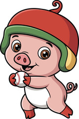Cartoon pig character in red helmet holding baseball, playful sports mascot with pink body and white belly for kids content