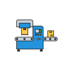 Automated blue machine with conveyor belt packaging cardboard boxes in production line, concept for industrial process, factory automation and supply chain optimization
