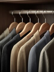 Obraz premium assorted clothes hanging on wooden hangers in closet