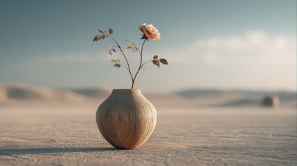 A single rose in a weathered vase stands out against a vast, arid desert landscape under a soft sky.