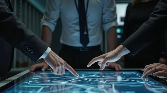 Business team collaborating on a digital interactive table with futuristic interface