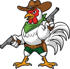 Cartoon rooster cowboy with hat, bandana, belt, green shorts, revolvers, confident stance, humorous Western animal character design