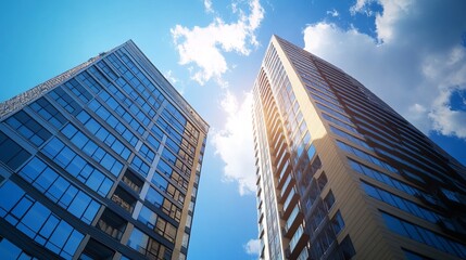Low-angle view of two modern high-rise buildings against a bright blue sky with puffy clouds