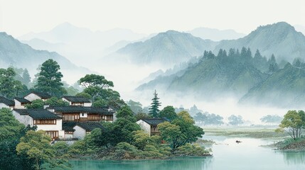 Fototapeta premium A serene scene of traditional Chinese houses by a misty river, surrounded by lush green hills and trees, creating a peaceful natural landscape.