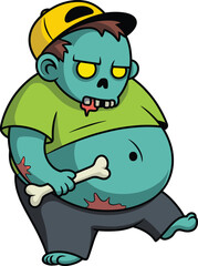 Cartoon zombie character, blue-green skin, yellow eyes, bone prop, walking pose, visible wounds, horror humor, comic style, undead creature
