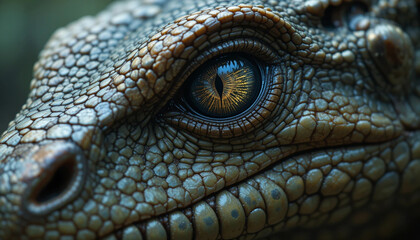 Fototapeta premium Detailed view of fierce reptile gaze, ancient hunter’s piercing eye. 
