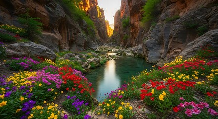 Vibrant Wildflowers Line a Serene River Flowing Through a Majestic Sunlit Canyon