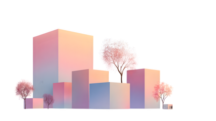 Abstract cityscape with flowering trees, isolated on transparent background