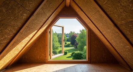 View from Attic Window to Lush Green Garden on Sunny Day