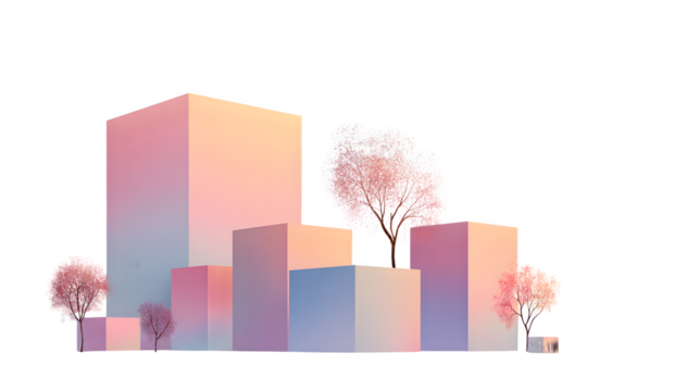 Abstract cityscape with flowering trees, isolated on transparent background