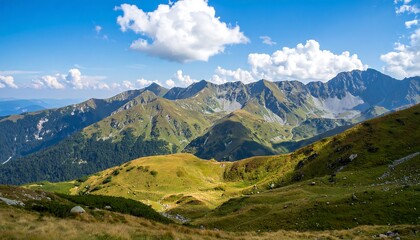 Panoramic view of sunlit mountain range, verdant valleys, and a clear blue sky dotted with fluffy clouds