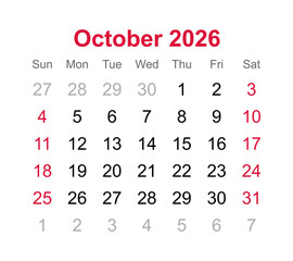 Monthly calendar of October 2026 on transparent background