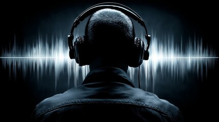 A silhouette of a person wearing headphones stands before horizontal sound waves,