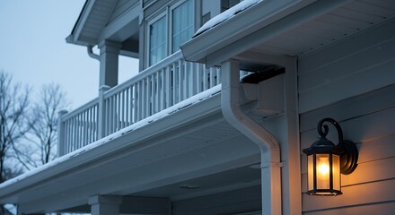 Warm Lantern Glow Contrasts with a Cold, Snowy Evening Porch