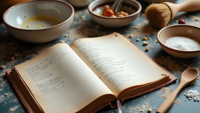 Nostalgic baking, Warmly lit still life featuring a handwritten recipe book and ingredients