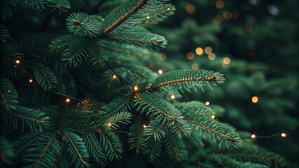 Close up of evergreen tree branches with subtle christmas lights