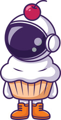 Cute cartoon astronaut with cupcake body, whipped cream suit, cherry helmet topper, orange boots — whimsical dessert-themed space character design