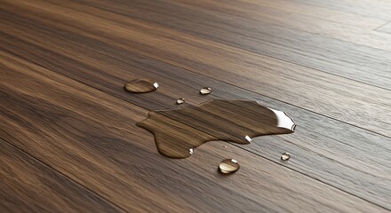 Water droplets resting on a dark wooden floor with visible grain