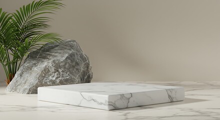 White marble podium display with a natural rock and green palm plant on a neutral background.