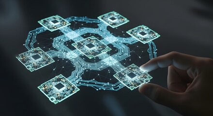 Human hand touching a glowing digital network of computer microchips, a futuristic concept of advanced data processing and technology