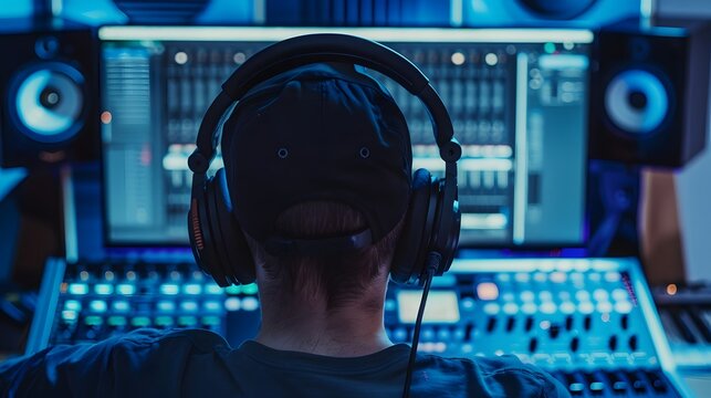 Music Producer Working in a Modern Studio, Surrounded by Equipment and Ambient Blue Lighting