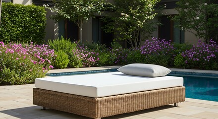 Wicker Daybed with White Cushion and Pillow by a Blue Swimming Pool with Pink Flowers