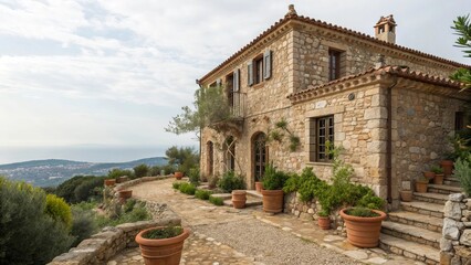 Charming exterior of old stone house in traditional Mediterranean style, with rustic garden terrace, rocky soil, Panoramic views of sea, gravel paths and surrounded by Terracotta herbs pots