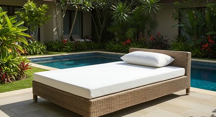 Wicker Daybed with White Cushion Beside Tropical Pool and Lush Greenery