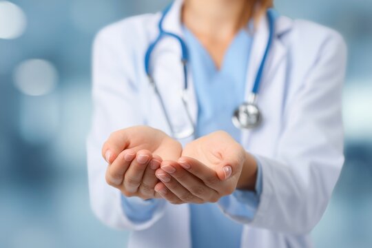 doctor with stethoscope cupping her hand
