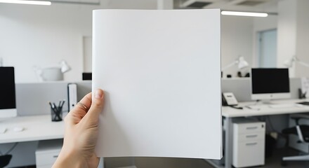 Woman's Hand Holding a Blank White Brochure for Mockup in a Bright Office Setting
