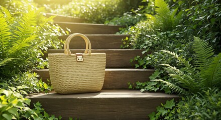 Woven straw bag rests on wooden steps surrounded by lush green ferns and foliage