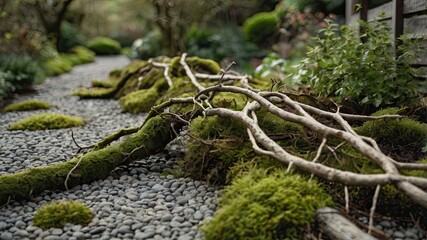 Branches bundled near garden path