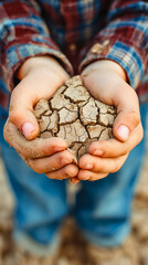 Child holding cracked earth in hands, symbolic drought and climate change, professional stock photo composition, high detail 