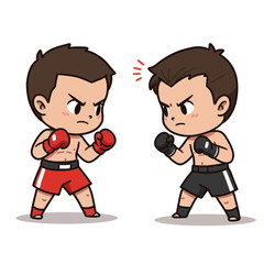 Two determined cartoon boxers in red and black gloves face each other, ready for a match or intense confrontation.