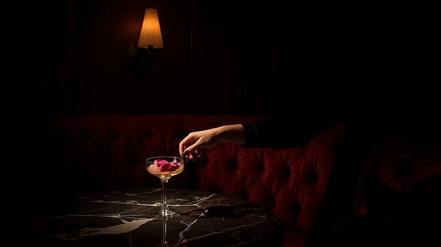 Moody and luxurious night bar setting, with a deep red velvet booth and dim lighting. A woman’s hand elegantly holds a cocktail glass garnished with petals, reaching into a spotlight over a marble tab - Powered by Adobe